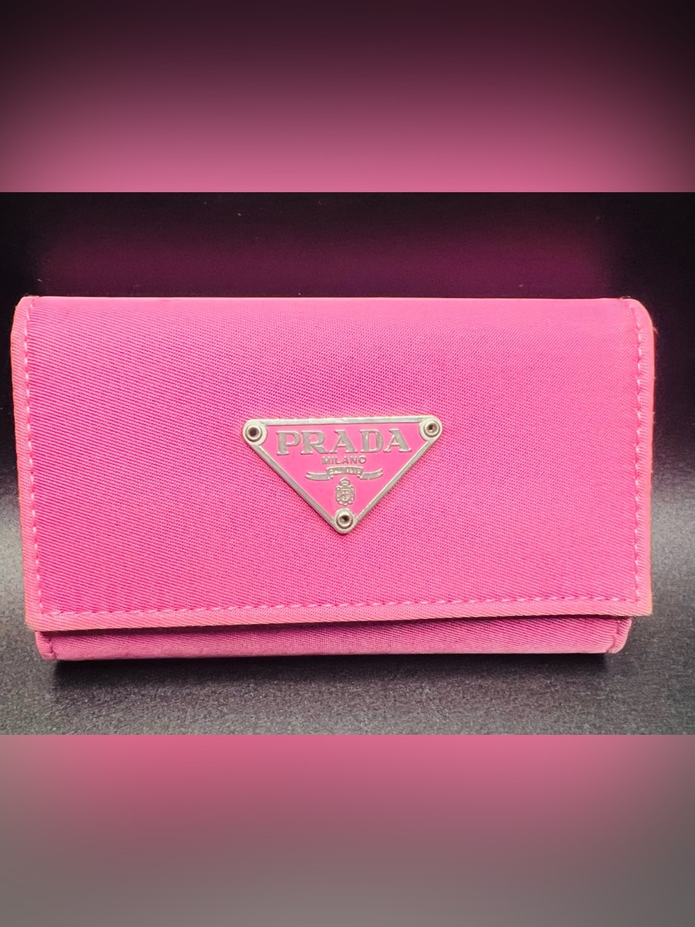 β¨ Authentic PRADA Pink Tessuto Nylon Triangle Logo 6-Hook Key Case Wallet. EUC